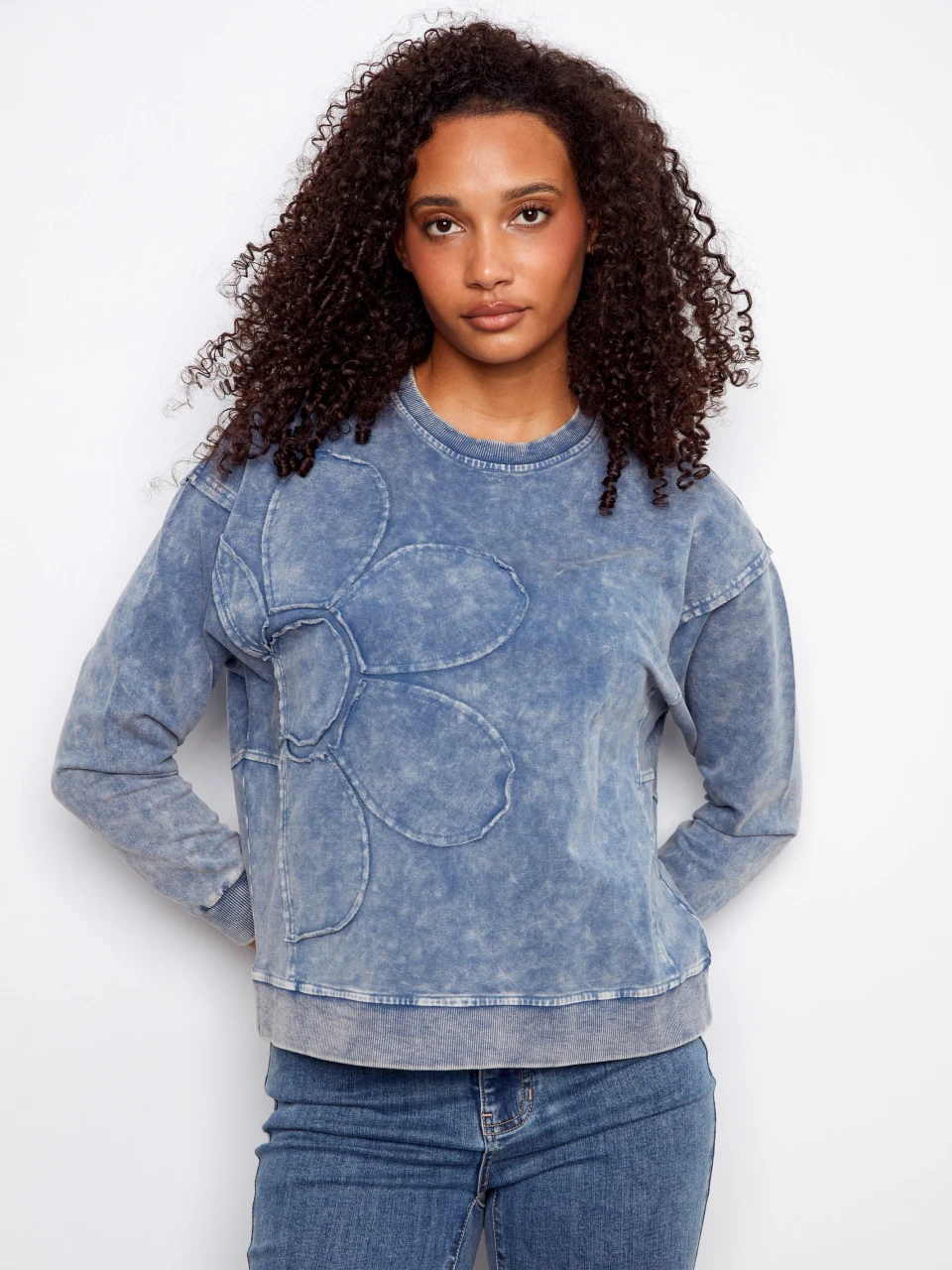 ChaRlie-b☆ Charlie B Denim Wash French Terry Flower Applique Top - New Moon