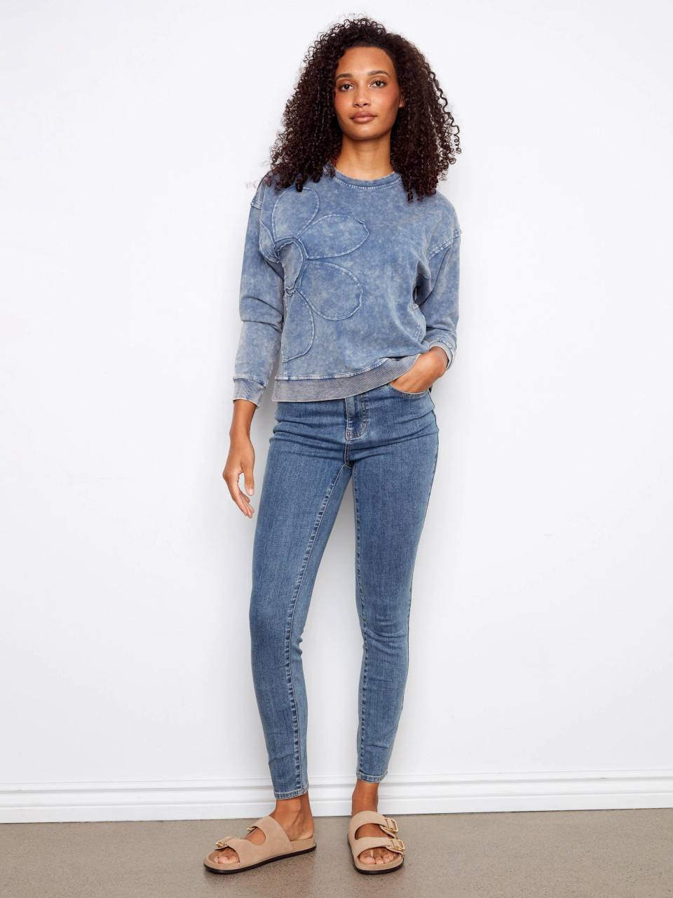 Charlie B Denim Wash French Terry Flower Applique Top - New Moon