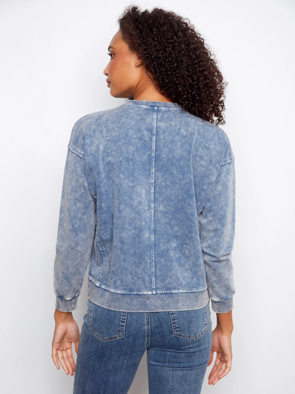Charlie B Denim Wash French Terry Flower Applique Top - New Moon