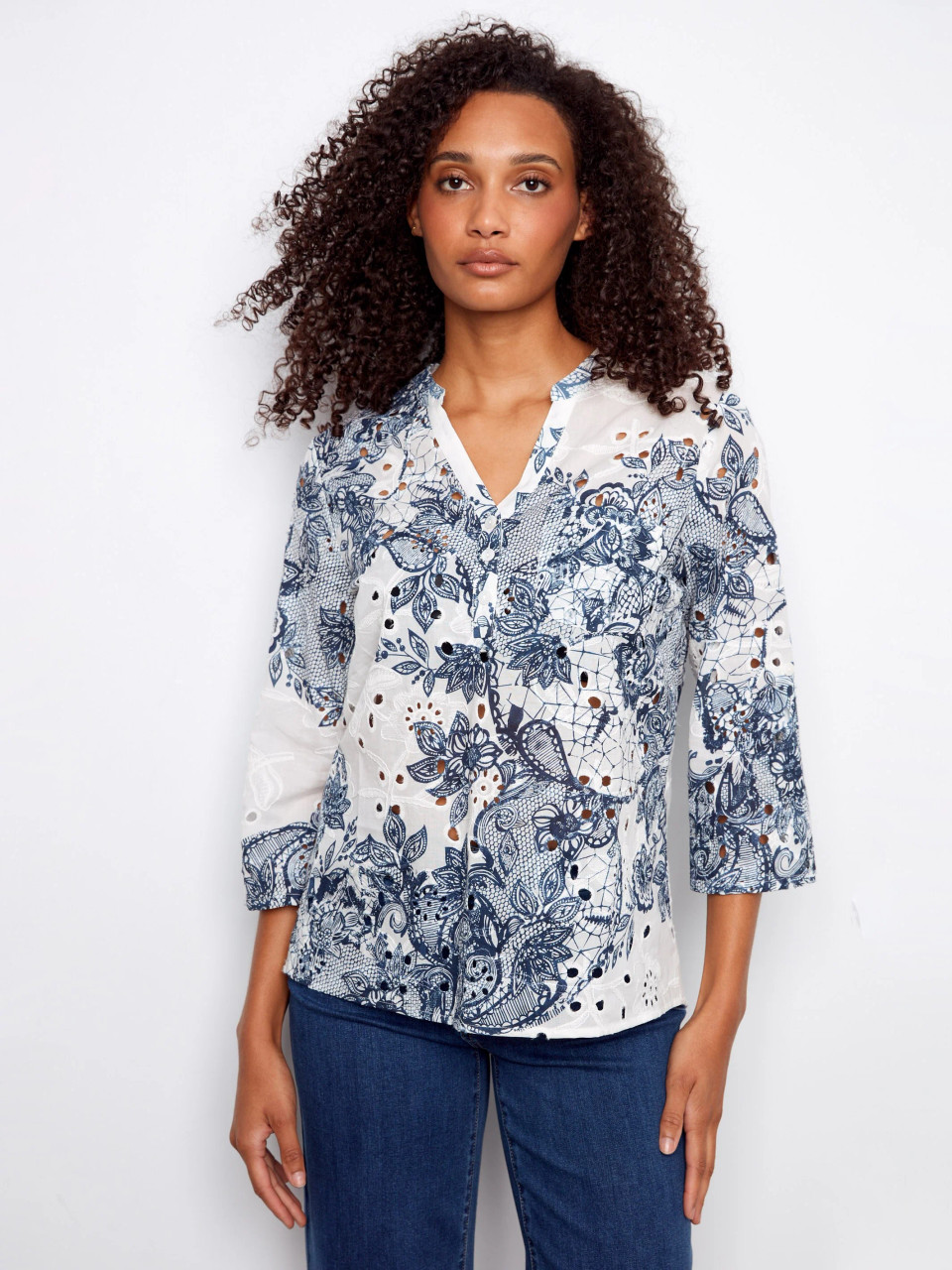 ChaRlie-b☆ Charlie B Eyelet Cotton Henley Top - New Moon Boutique