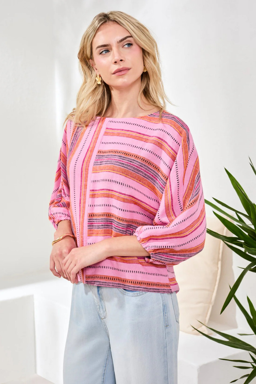 Tribal Rose Stripe Linen Dolman Sleeve Top - New Moon Boutique