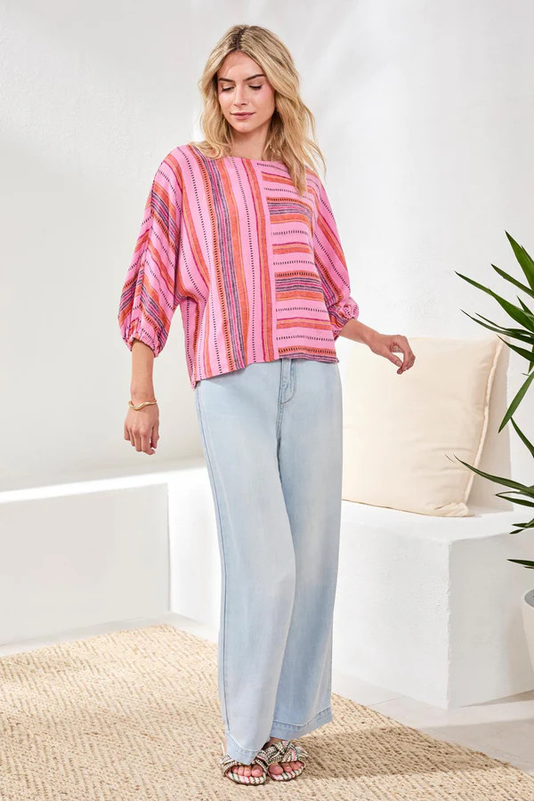 Tribal Rose Stripe Linen Dolman Sleeve Top - New Moon Boutique