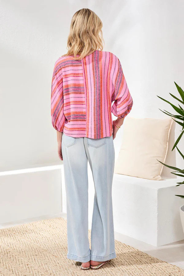 Tribal Rose Stripe Linen Dolman Sleeve Top - New Moon Boutique