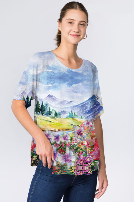Et' Lois Mountain Landscape Watercolor Soft Knit Top