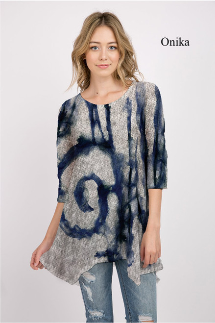 Et' Lois Hazy Dark Blue Watercolor Swirl Soft Knit Top