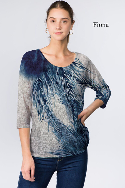 Et' Lois Hazy Blue Ink Swirl Print Soft Knit Top