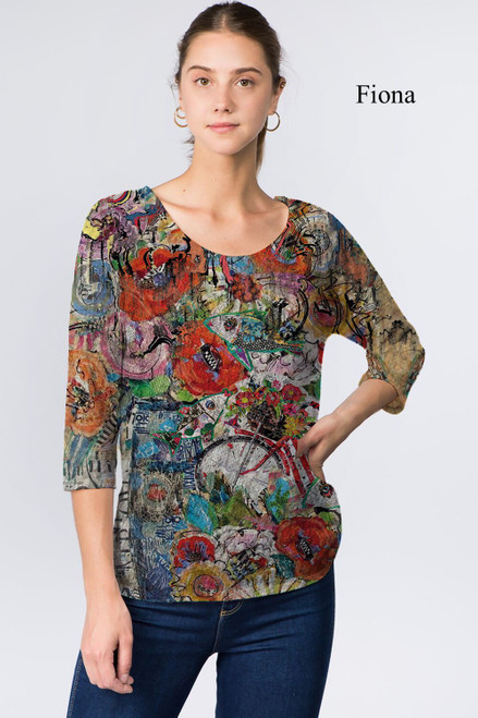 Et' Lois Hazy Fish Floral & Bicycle Print Soft Knit Top