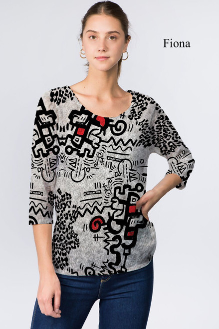 Et' Lois Hazy Thick Line Doodle Print Soft Knit Top