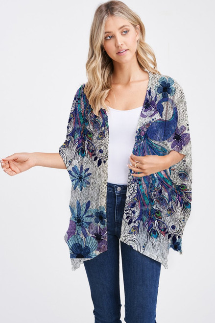 Et' Lois Hazy Peacock Print Open Wrap Shawl