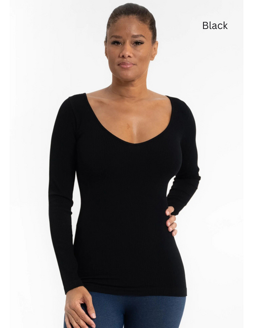 Elietian Ribbed V-Neck Long Sleeve Top