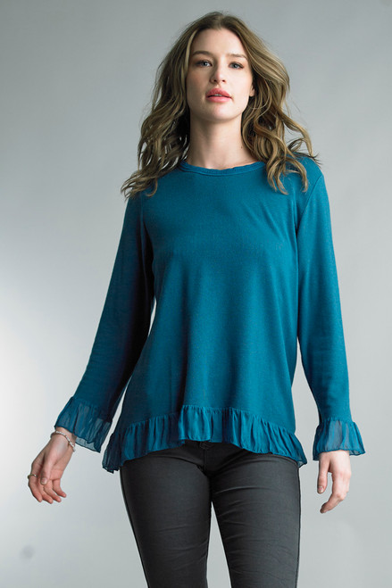 Tempo Paris Teal Chiffon Ruffle Hem Knit Tunic