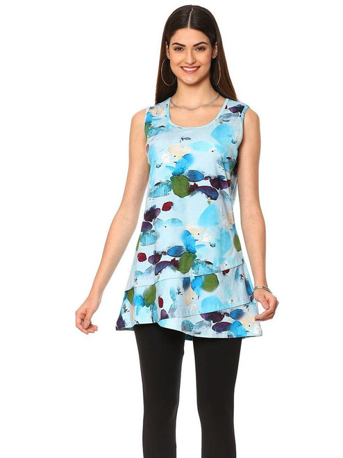 Parsley & Sage Aqua Watercolor Sleeveless Cotton Tunic