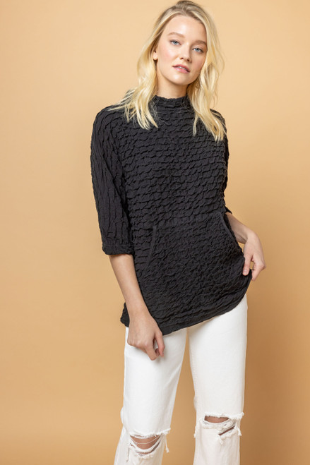 Komil Black Waffle Cotton Funnel Neck Top