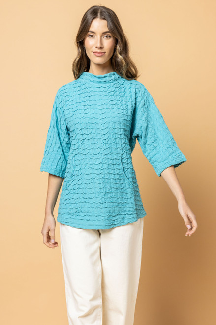 Komil Turquoise Waffle Cotton Funnel Neck Top