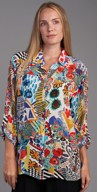  Shana White Patchwork Print Silky Shirt