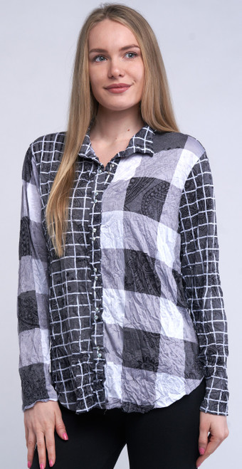 Shana Black Paisley Plaids Crinkle Snap Shirt