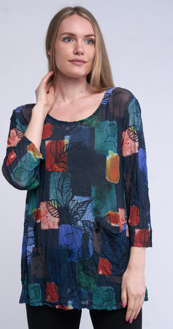 Slimsation Abstract Floral 3/4 Sleeve Pocket Tunic Top - New Moon