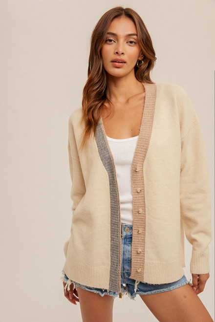 Hem & Thread Cream Color Block Trim Cardigan