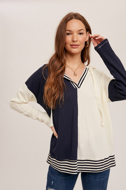 Hem & Thread Navy Color Block Hoodie Knit Top