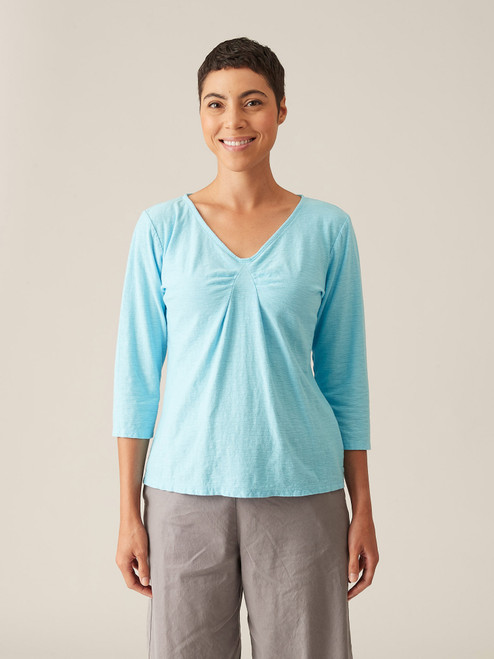 Cut Loose Linen Cotton Jersey 3/4 Sleeve Tucks Front Top