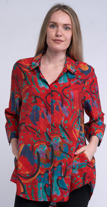 Shana Red Print Zip Back Shirt