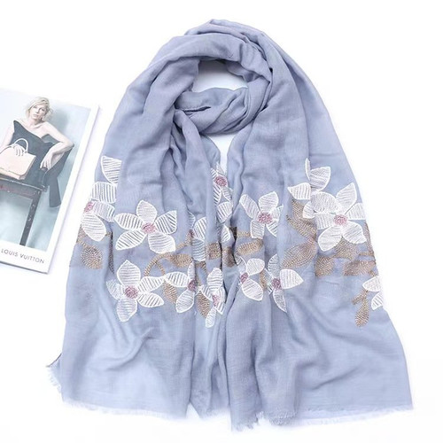 Winding River Grey Lily Cotton/Linen Embroidered Scarf