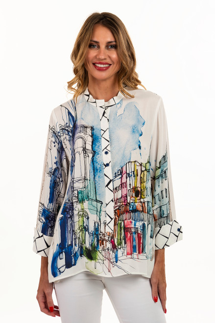 Lemongrass Cityscape Tunic Henley Blouse