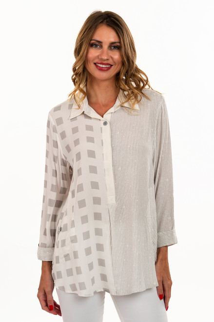 Lemongrass Grey Squares Tunic Henley Blouse