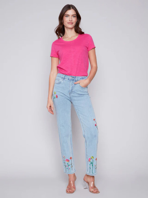 Charlie B Bleach Blue Floral Embroidered Jeans 