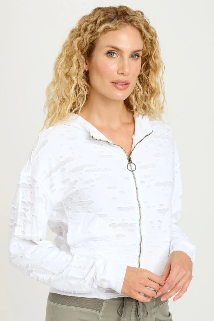 XCVI White Ripped Jersey Zip-Up Sweatshirt