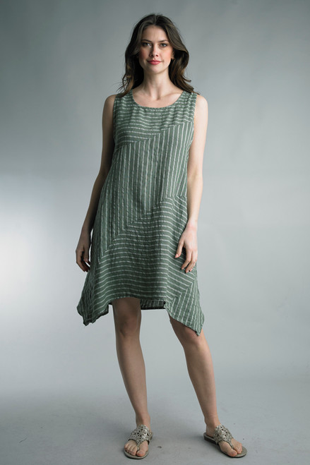 Tempo Paris Olive Linen Mixed Stripes Dress