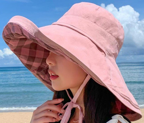 Winding River Pink Plaid Wide Brim Reversible Sun Hat