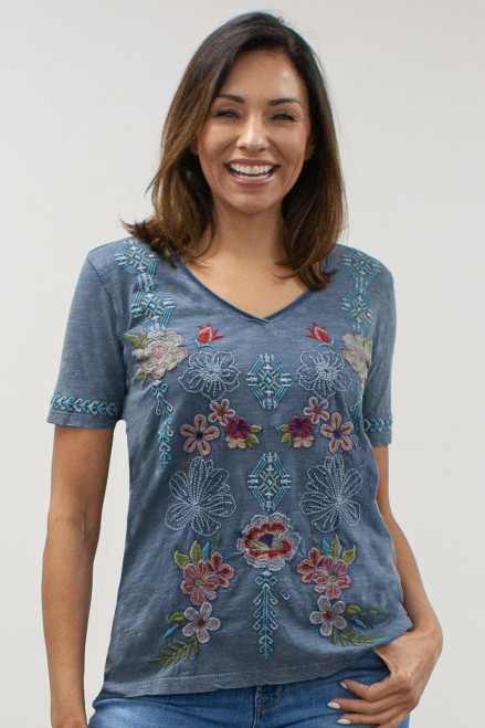 Caite Washed Blue Cotton Aztec Flower Embroidered Top