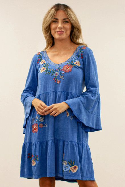 Caite Lapis Cotton Embroidered Tier Dress