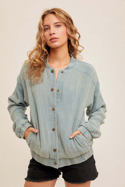 Hem & Thread Sage Cotton Gauze Bomber Jacket