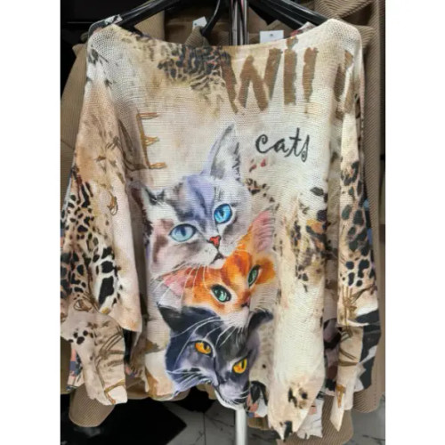 LOOWIE Cream Cat Printed Sweater - New Moon Boutique