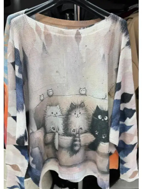 LOOWIE Beige 3 Cats Printed Sweater