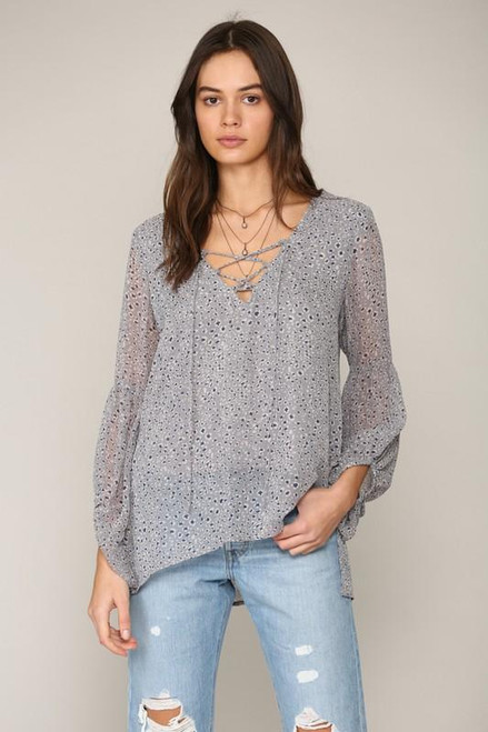 By Together Grey Chiffon Tear Drop Lace-Up Blouse