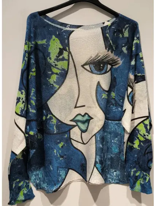 LOOWIE Blue Lady Picasso Printed Sweater
