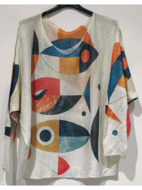 LOOWIE Cream Abstract Printed Sweater