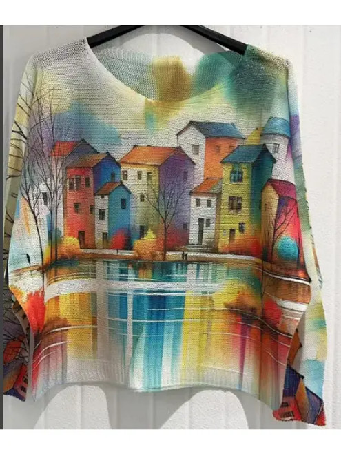 LOOWIE White Houses Printed Sweater