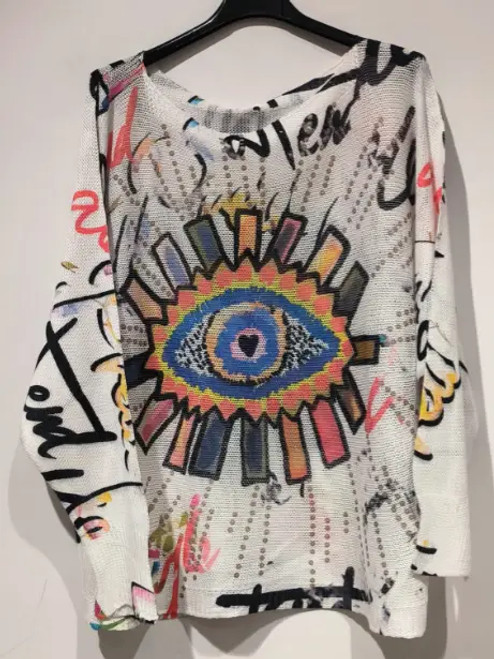 LOOWIE White Evil Eye Printed Sweater