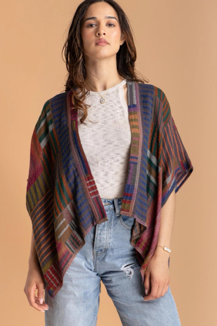 Saachi Multi Square Stripe Short Poncho