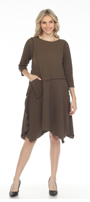 Inoah Olive Textured Black Piping Dress