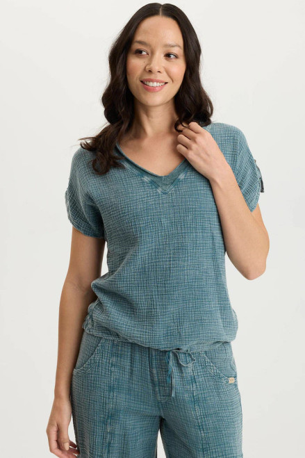 XCVI Distressed Teal Cotton Gauze Top