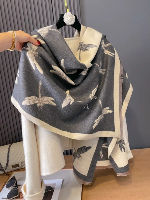 Winding River Gray & Ivory Dragonflies Reversible Wrap