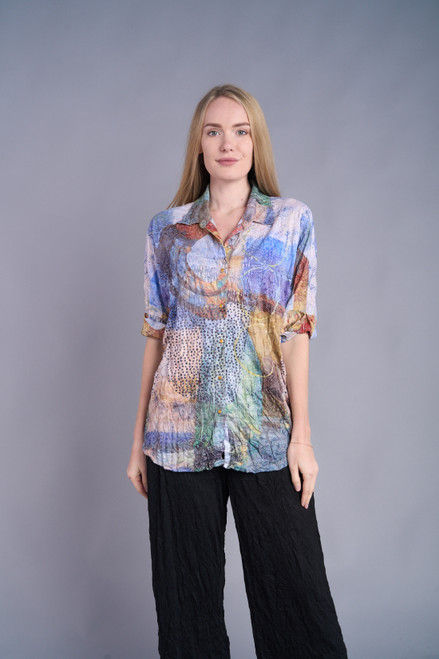Shana Rust Paisley Abstract Crinkle Snap Top