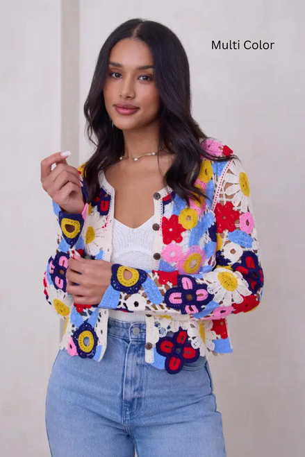 Saachi Flower Crochet Cropped Cardigan