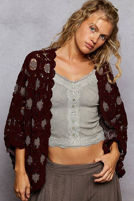 POL Burgundy Crochet Chenille Cardigan