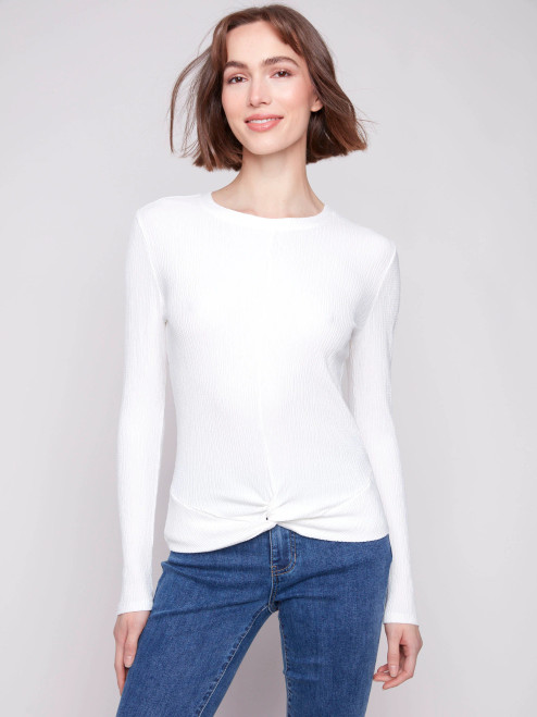 Charlie B Ecru Textured Knit Knot Hem Top
